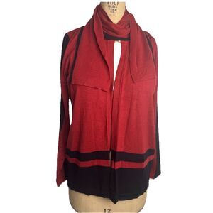 August Silk Open Knit Cardigan Sweater Black & Ginger w/ Attached Scarf Tie Sz M